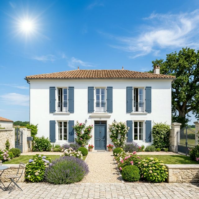 Maison avec une façade au ravalement parfait peinte en blanc avec des volets repeints