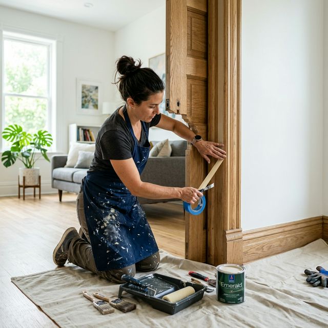 Artisan peintre posant du ruban de masquage sur une porte pour préparer la peinture intérieure