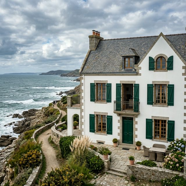 Maison avec façade peinte en blanc et volets verts face à la mer dans le Pays Rochefortais